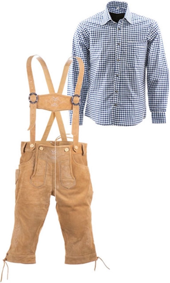 Lederhosen set | Top Kwaliteit | Lederhosen set I (goudbruine broek + blauw overhemd)-46-S